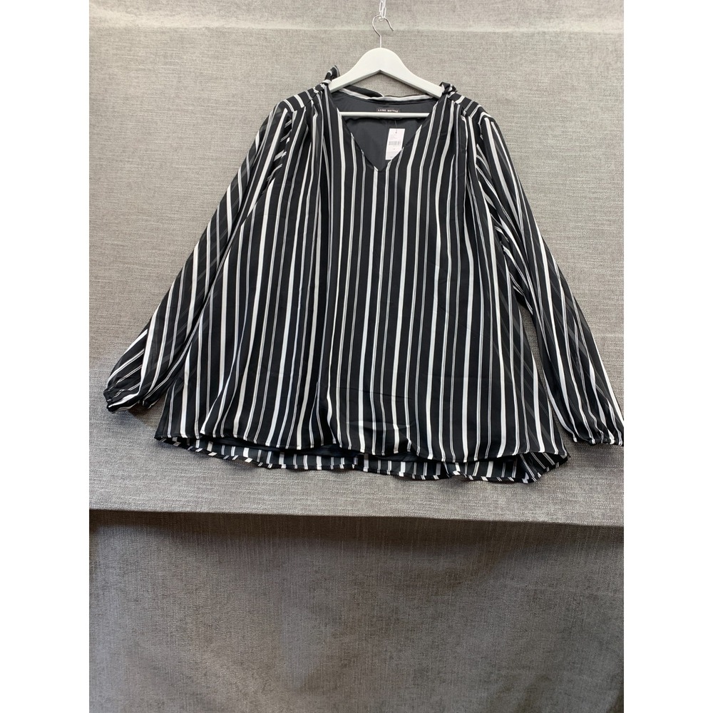 Lane Bryant Tie Neck Popover Blouse Top Womens 24 Black White Striped Chiffon‎